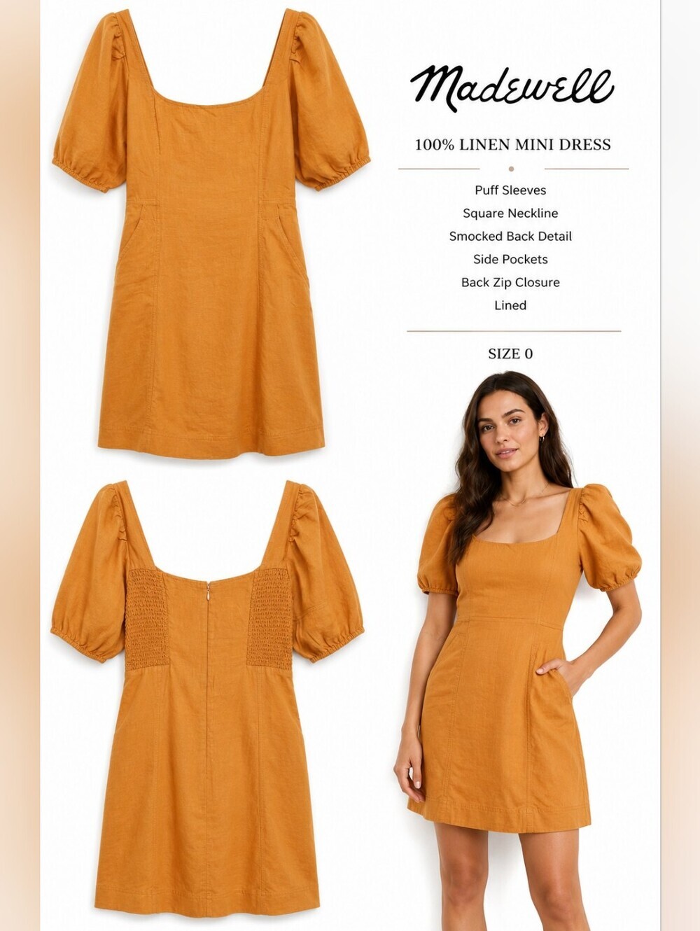 Madewell Women’s 100% Linen Puff Sleeve Mini Dress Mustard Ochre Size 0 Pockets.